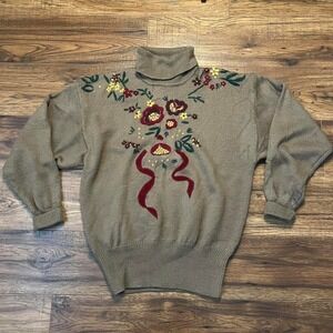 Vintage 90s Turtleneck Sweater Floral Embroidery‎ Velvet Cottagecore Fairy Artsy